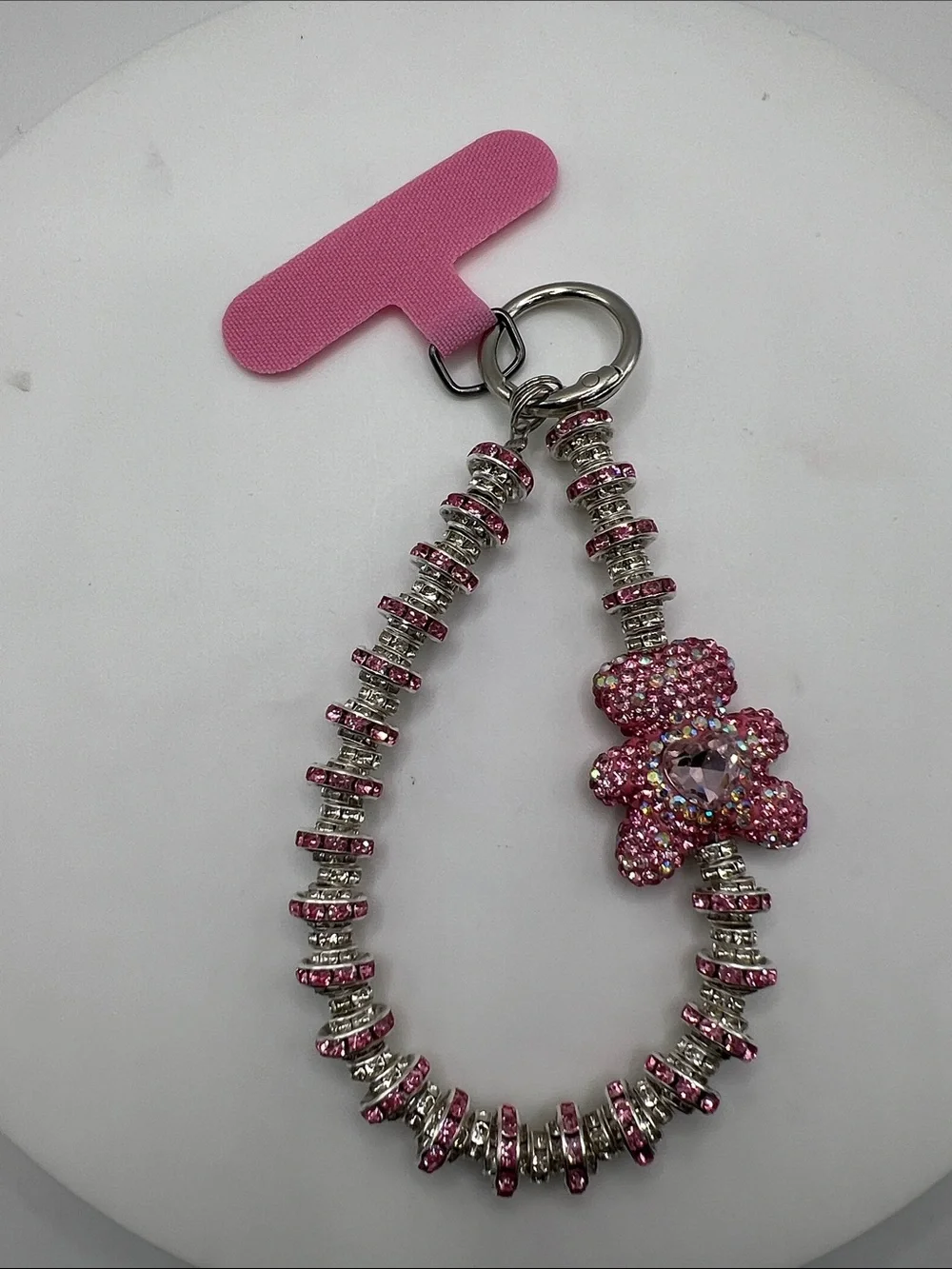 622. Pink Crystal Teddy Bear Phone Holder/Phone Chain.